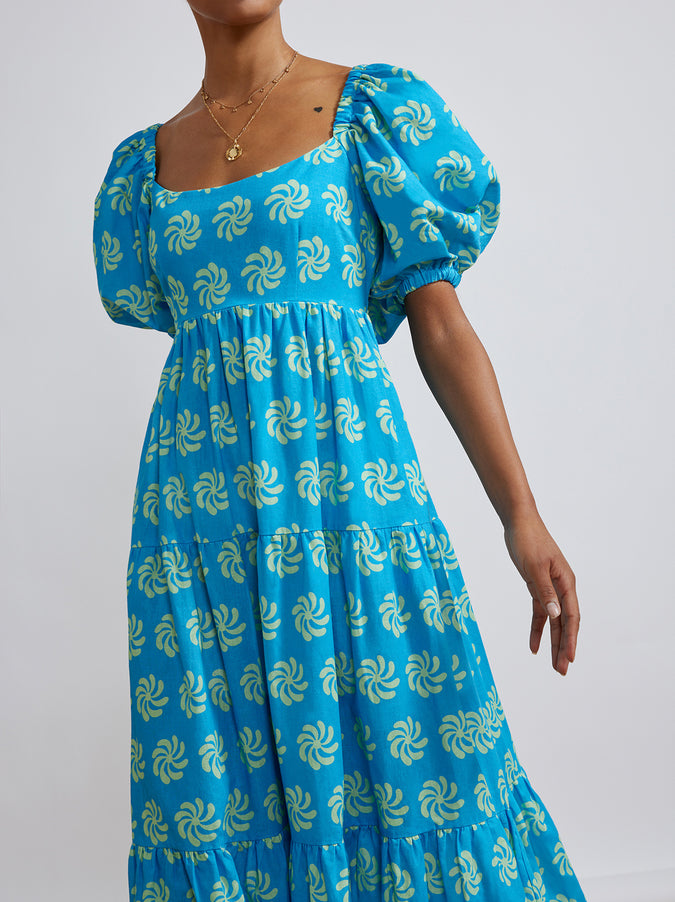 Gianna Tie Back Blue Geo Floral Maxi Dress