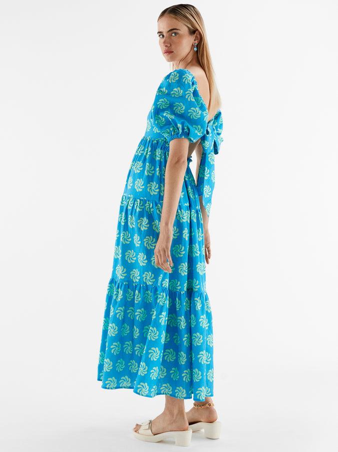 Gianna Tie Back Blue Geo Floral Maxi Dress