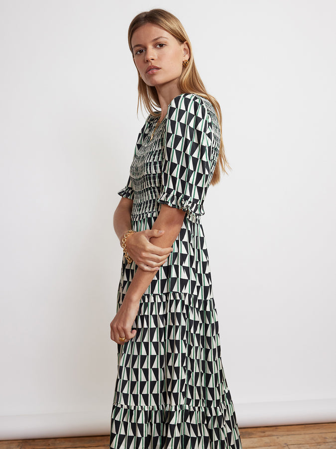 Gracie Shirred Green Tile Print Dress by KITRI Studio