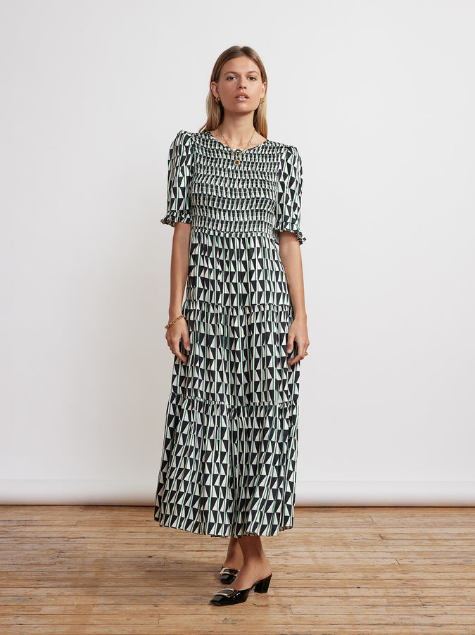 Gracie Shirred Green Tile Print Dress by KITRI Studio