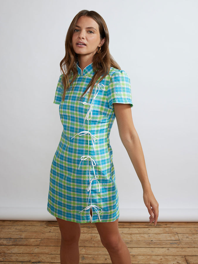 Harlow Blue Seersucker Mini Dress by KITRI Studio