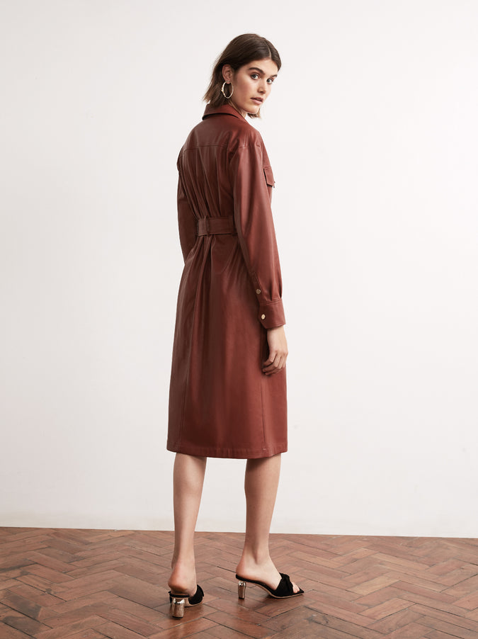 Jacqueline Tobacco Vegan Leather Shirt Dress by KITRI Studio