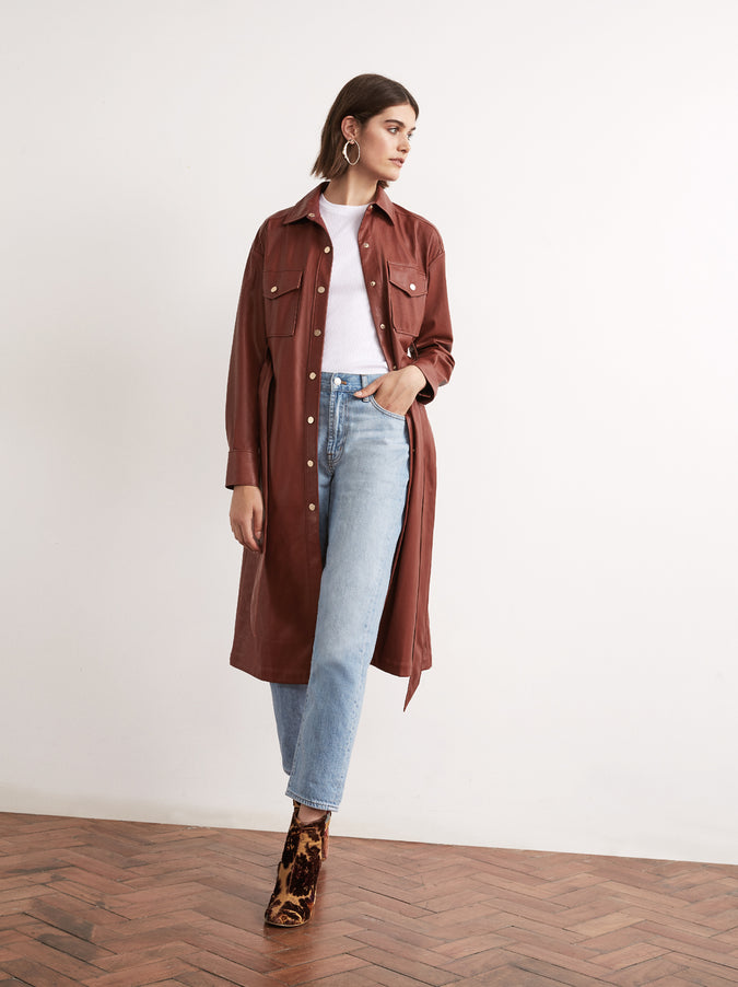 Jacqueline Brown Vegan Leather Shirt Dress by KITRI Studio