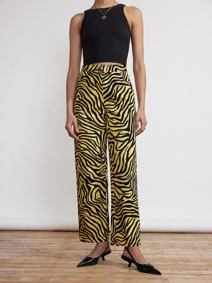 Janice Yellow Zebra Print Cotton Twill Trousers by KITRI Studio