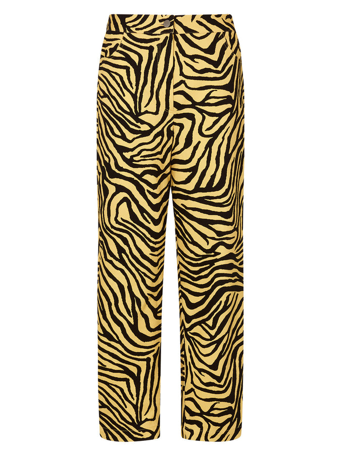 Janice Yellow Zebra Print Cotton Twill Trousers by KITRI Studio