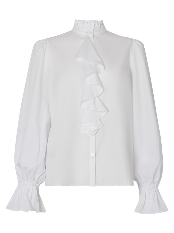 Jemma White Cotton Frill Neck Shirt by KITRI Studio