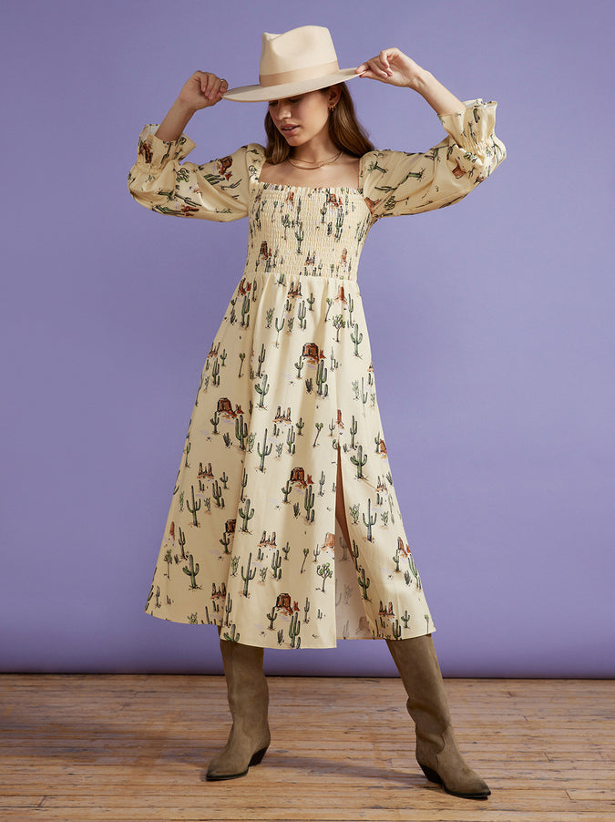 Jolene Joshua Tree Print Shirred Dress by KITRI Studio
