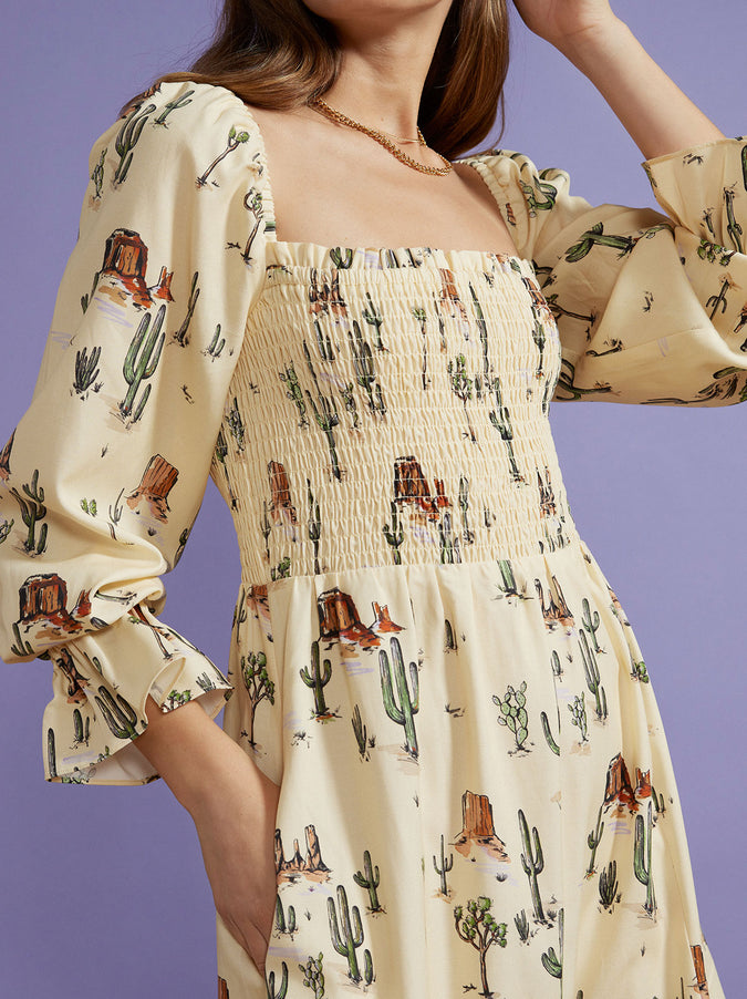 Jolene Joshua Tree Print Shirred Dress by KITRI Studio