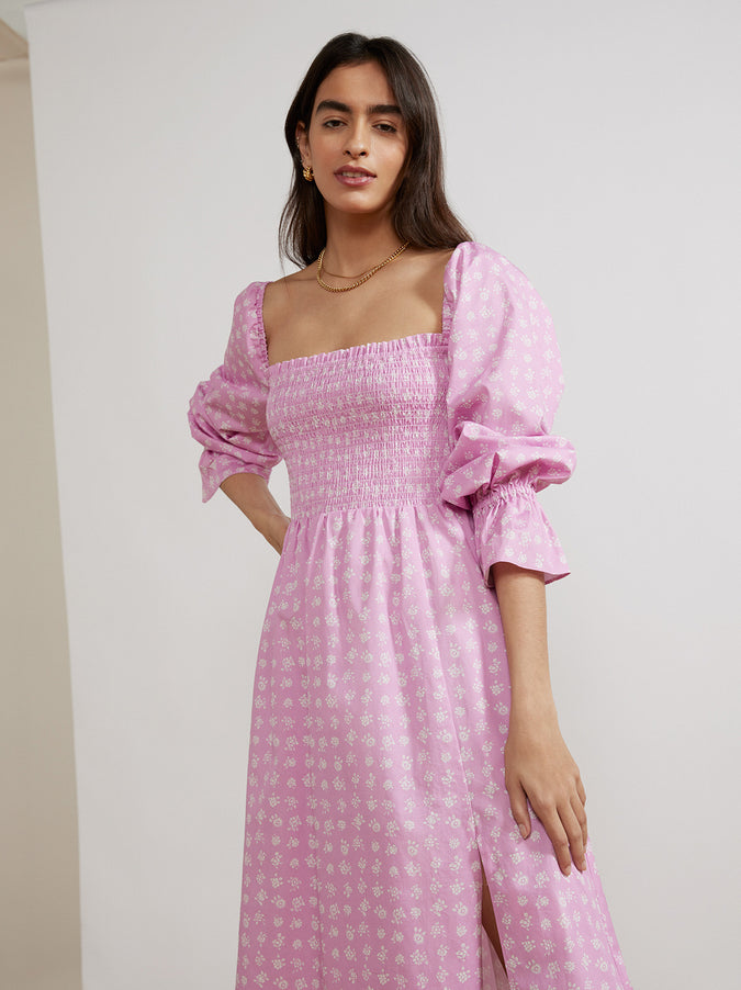 Jolene Pink Floral Shirred Cotton Dress