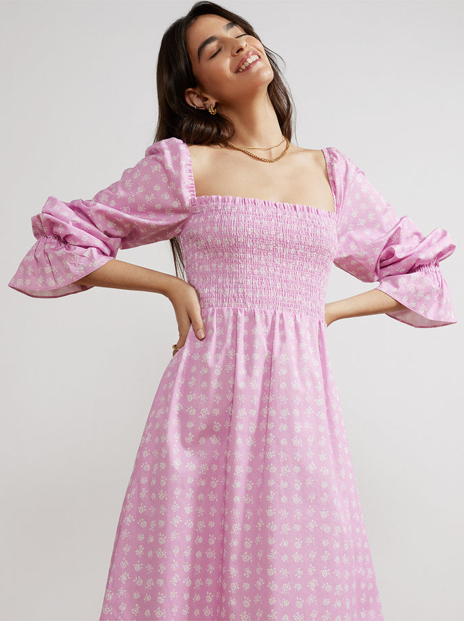 Jolene Pink Floral Shirred Cotton Dress