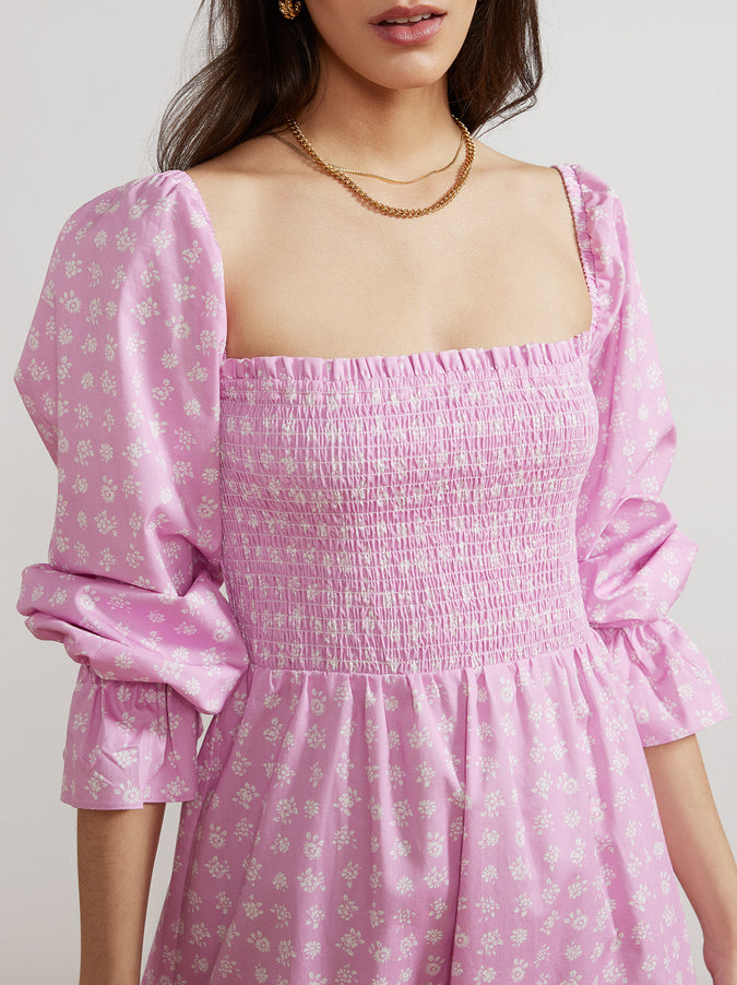 Jolene Pink Floral Shirred Cotton Dress