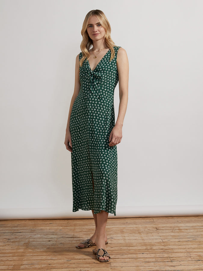 June Tie Front Green Ditsy Floral Midi Dress