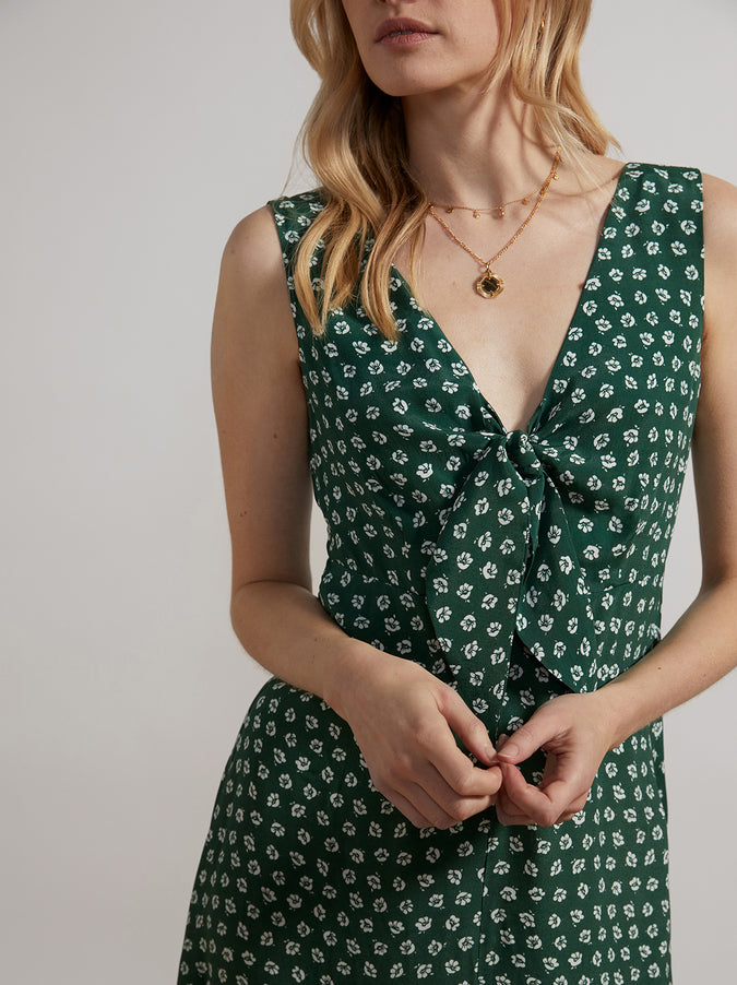 June Tie Front Green Ditsy Floral Midi Dress