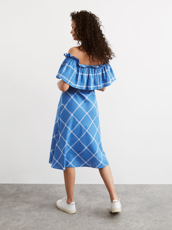 Amaya Cornflower Blue Check Bardot Sun Dress by KITRI Studio