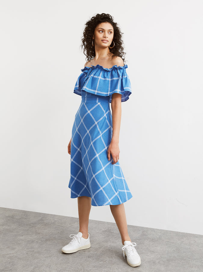 Amaya Cornflower Blue Check Bardot Sun Dress by KITRI Studio