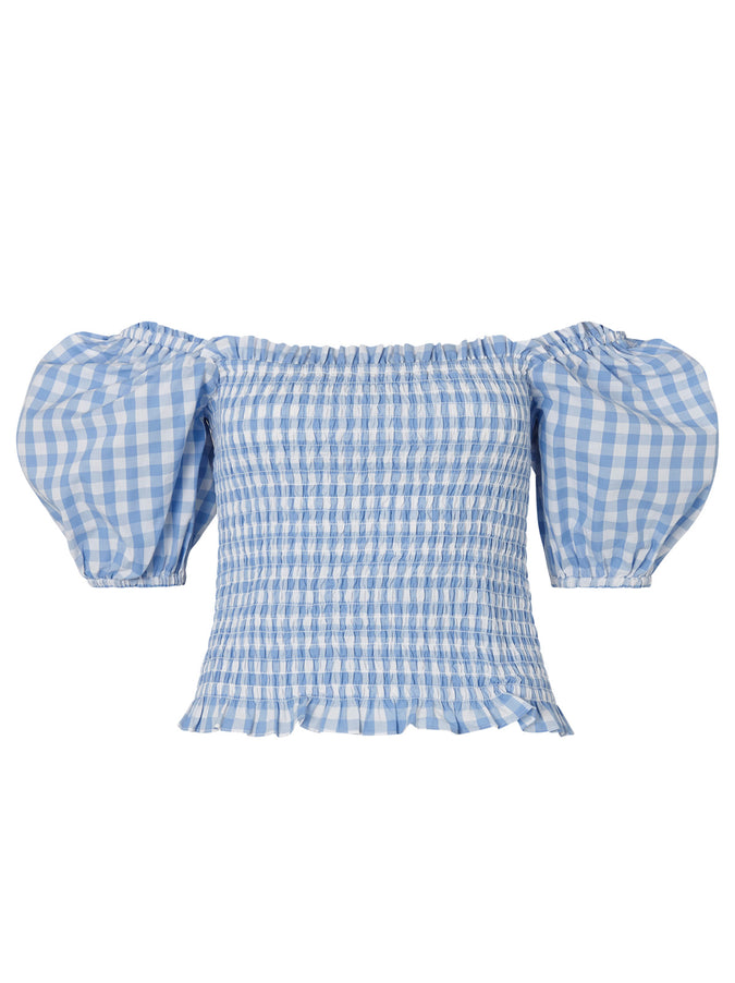 Carmilla Blue Gingham Shirred Top by KITRI Studio