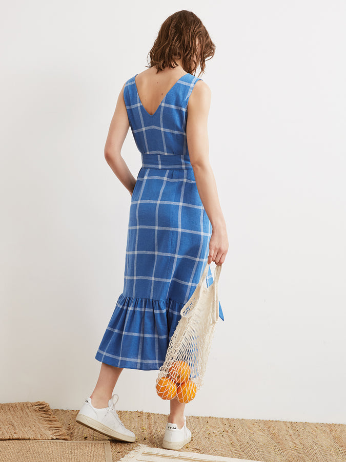 Caroline Cornflower Blue Check V-Neck Midi Dress by KITRI Studio
