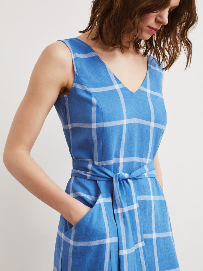 Caroline Cornflower Blue Check V-Neck Midi Dress by KITRI Studio