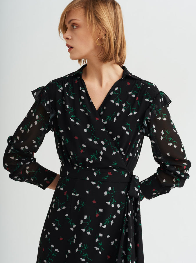 Georgia Black Floral Print Wrap Dress by KITRI Studio
