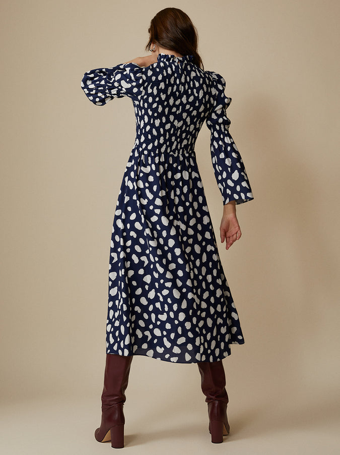 Juliette Navy Spot Shirred Dress by KITRI Studio