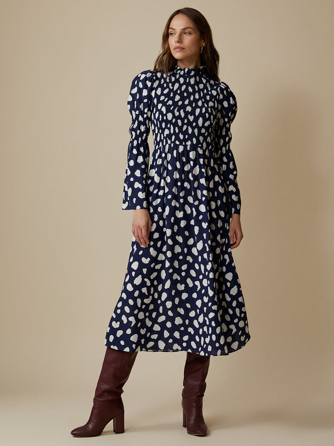 Juliette Navy Spot Shirred Dress by KITRI Studio