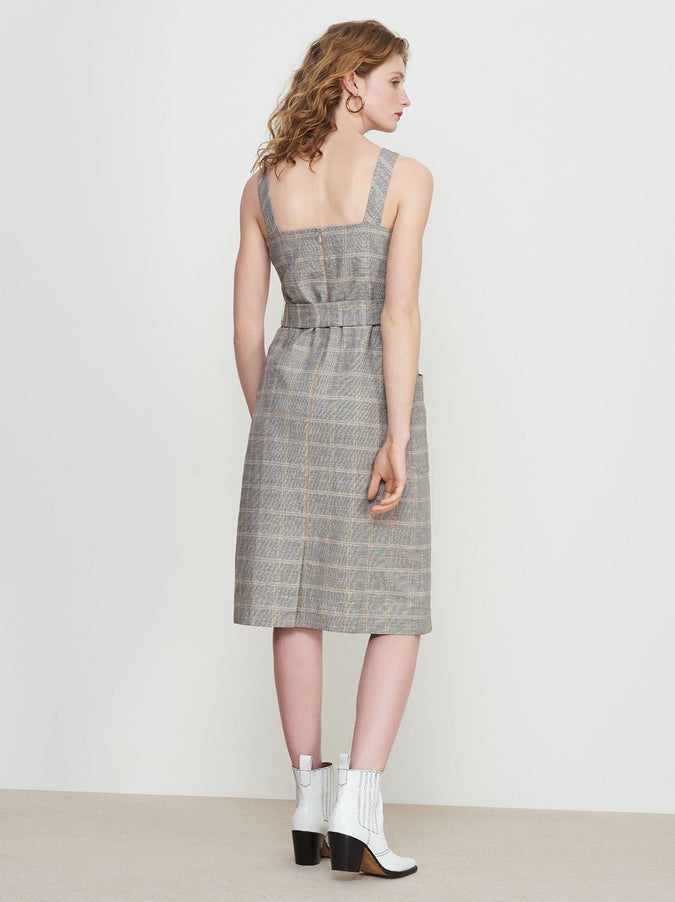 Kiara Grey Check Linen Tie Waist Pinafore Dress by KITRI Studio