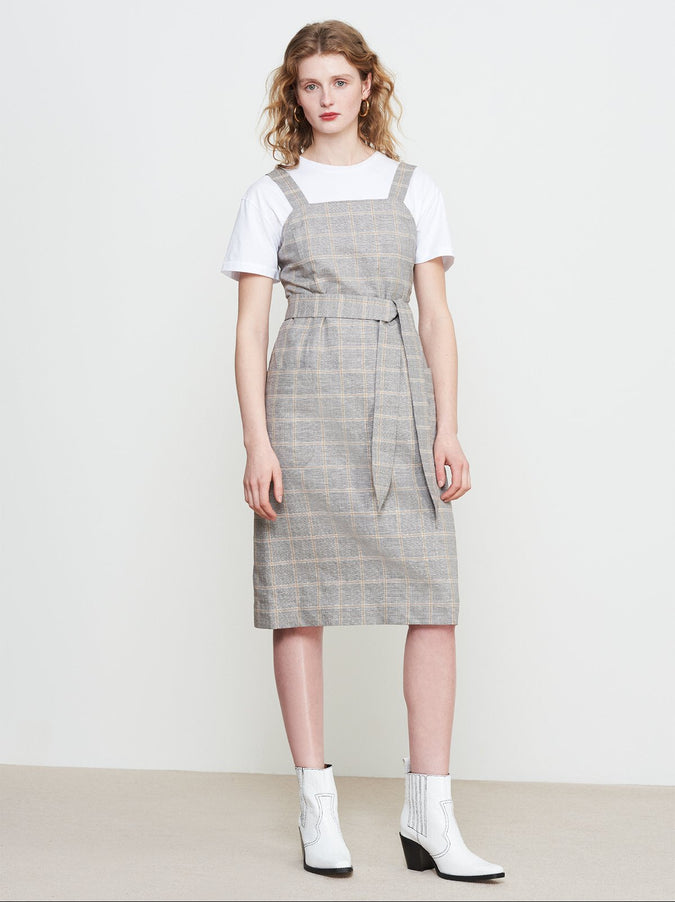 Kiara Grey Check Linen Tie Waist Pinafore Dress by KITRI Studio