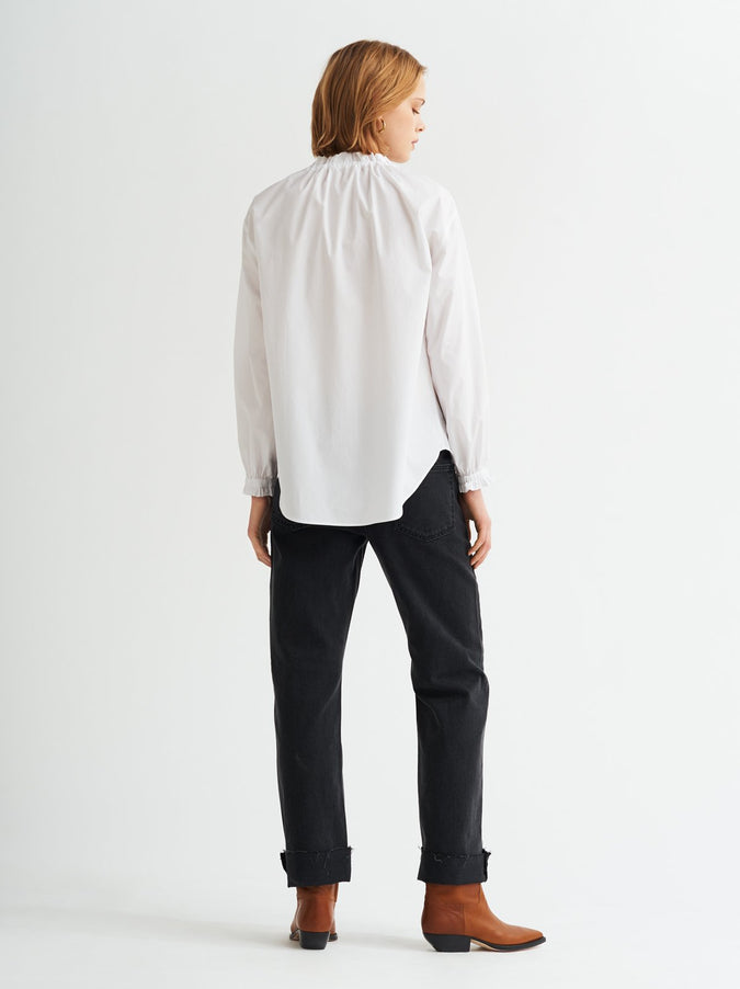 Lucinda White Gathered Neck Cotton Shirt by KITRI Studio