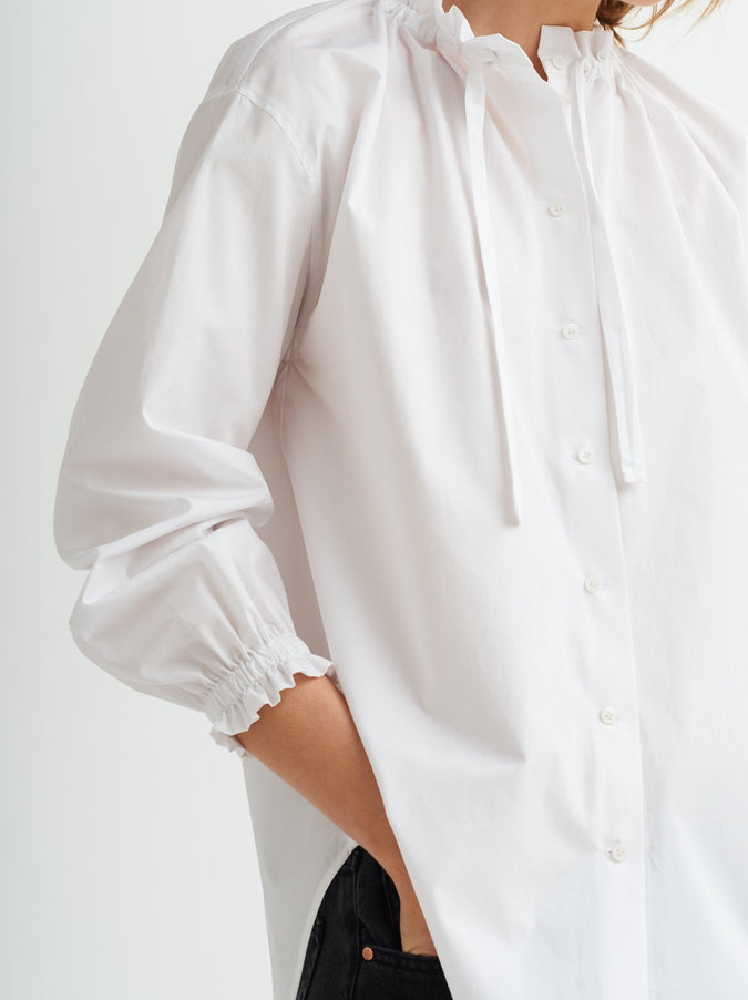 Lucinda White Gathered Neck Cotton Shirt by KITRI Studio