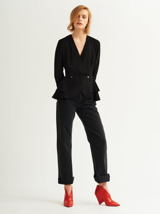 Persephone Black Jacquard Double Breasted Blouse by KITRI Studio