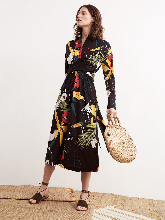 Phoenix Floral Print Tie Waist Long Sleeve Shirt Dress by KITRI Studio