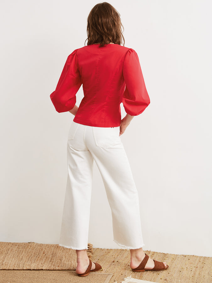 Riley Red Ruched Cotton Statement Sleeve Shirt by KITRI Studio