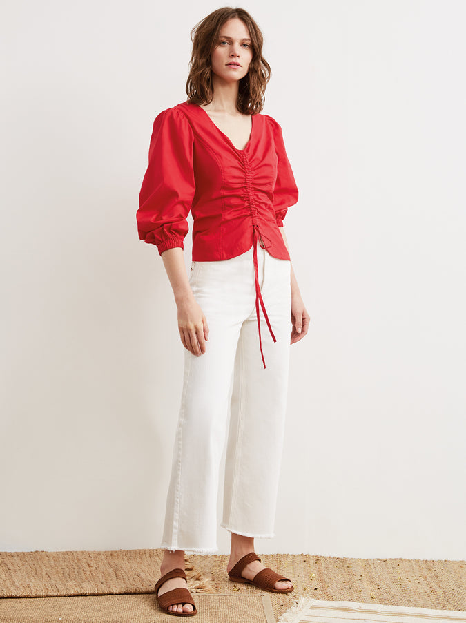 Riley Red Ruched Cotton Statement Sleeve Shirt by KITRI Studio
