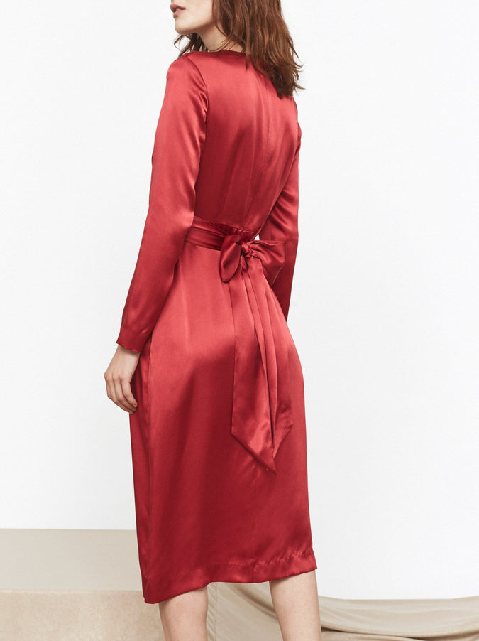 Simone Red Silk Tie Waist Dress