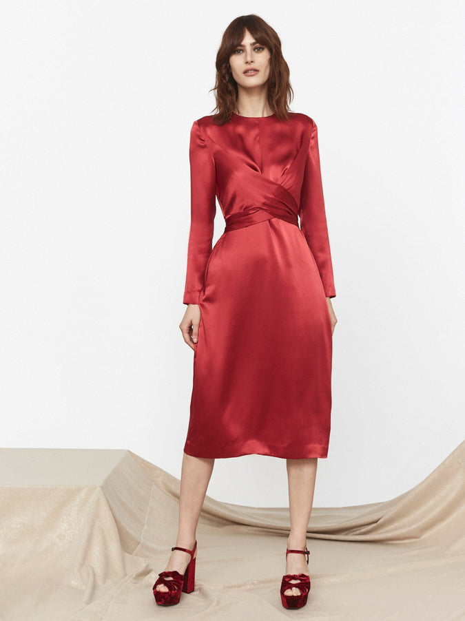 Simone Red Silk Tie Waist Dress