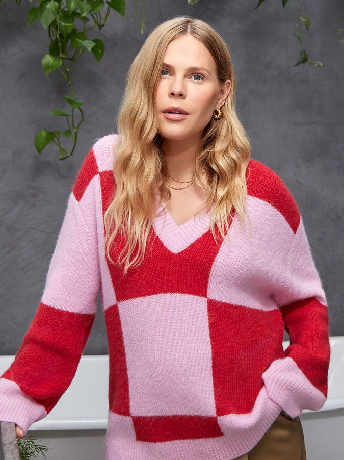 Maeby Checker V-Neck Jumper by KITRI Studio