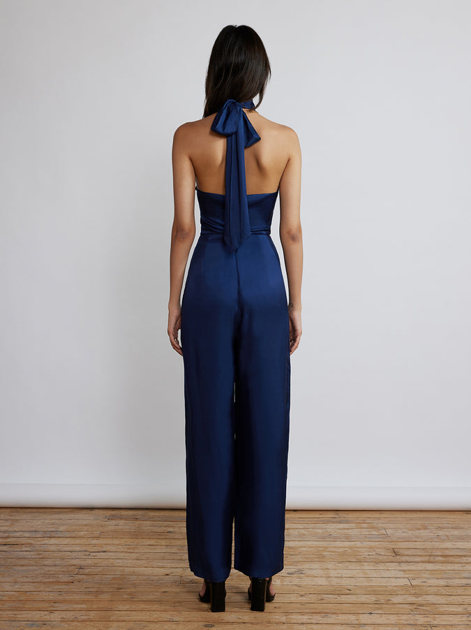 Karla Navy Halterneck Satin Jumpsuit by KITRI Studio