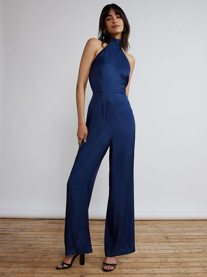 Karla Navy Halterneck Satin Jumpsuit by KITRI Studio