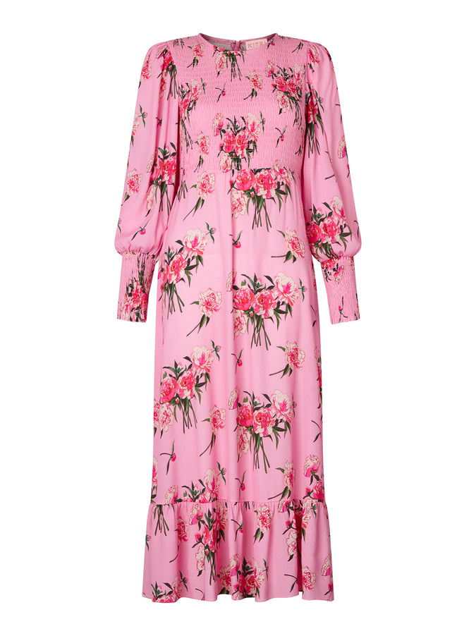 Karoline Pink Peony Print Smocked Dress