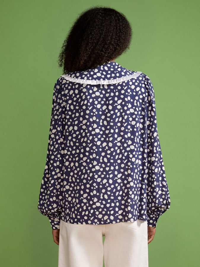 Laura Navy Animal Spot Frill Collar Top by KITRI Studio