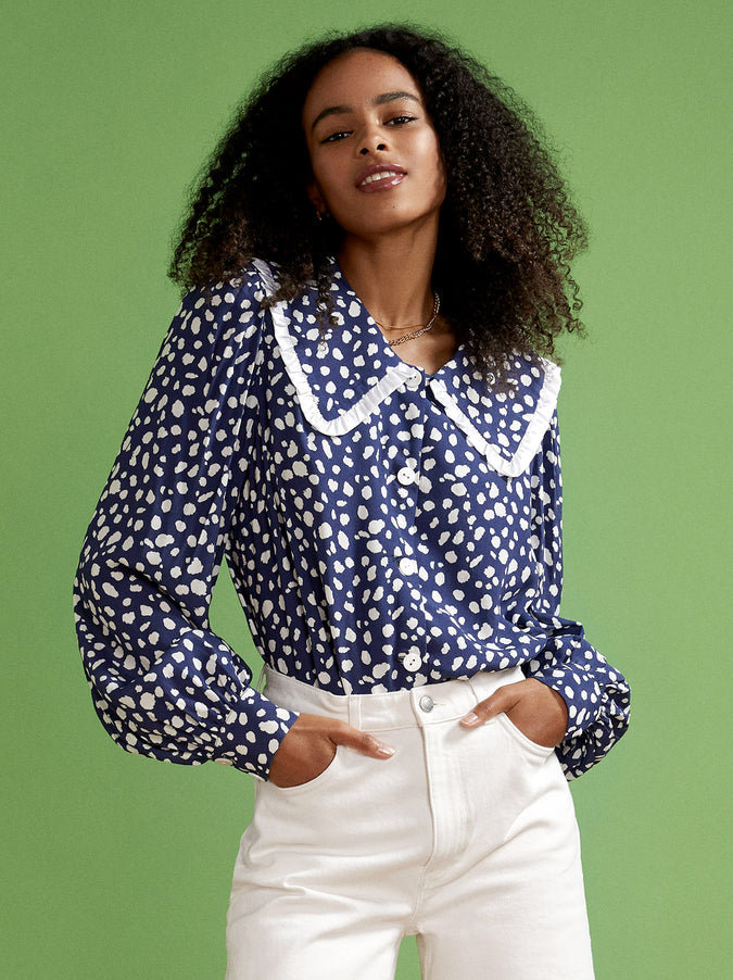 Laura Navy Animal Spot Frill Collar Top by KITRI Studio