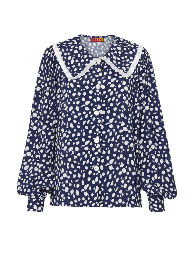 Laura Navy Animal Spot Frill Collar Top by KITRI Studio