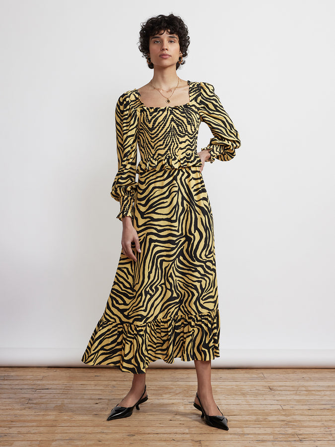 Lauren Yellow Zebra Print Shirred Dress by KITRI Studio