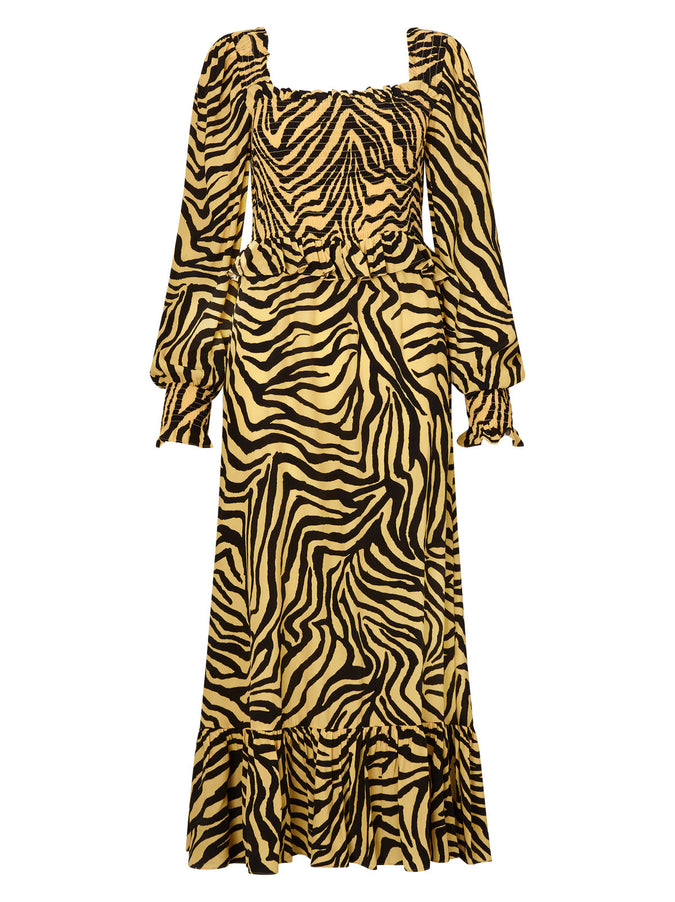 Lauren Yellow Zebra Print Shirred Dress by KITRI Studio