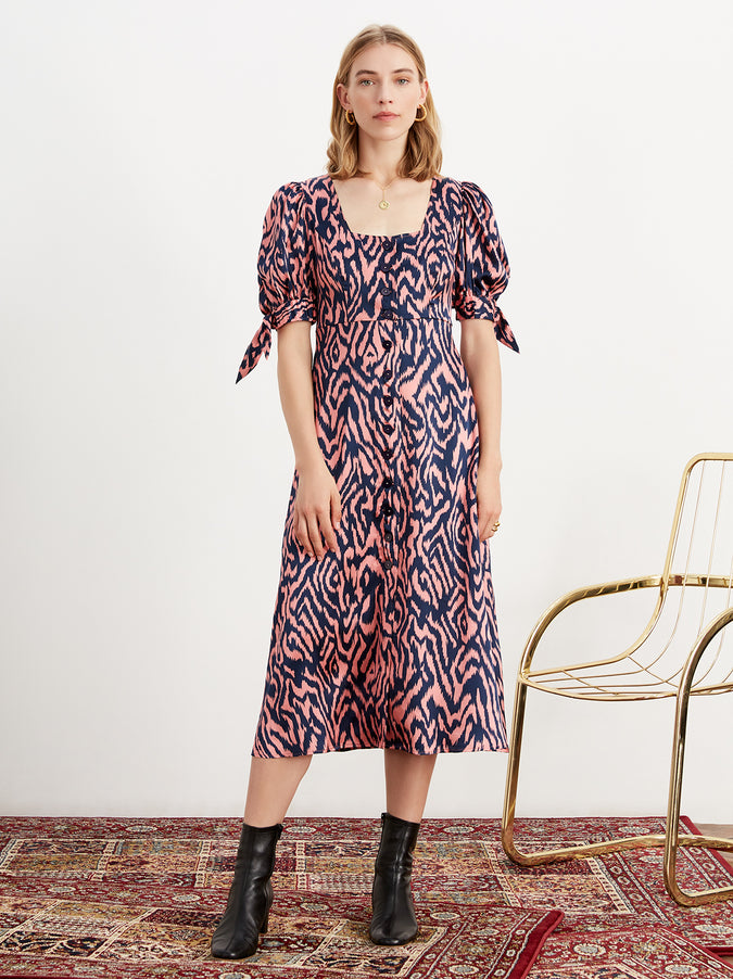 Lenora Pink Animal Print Silk Midi Dress by KITRI Studio