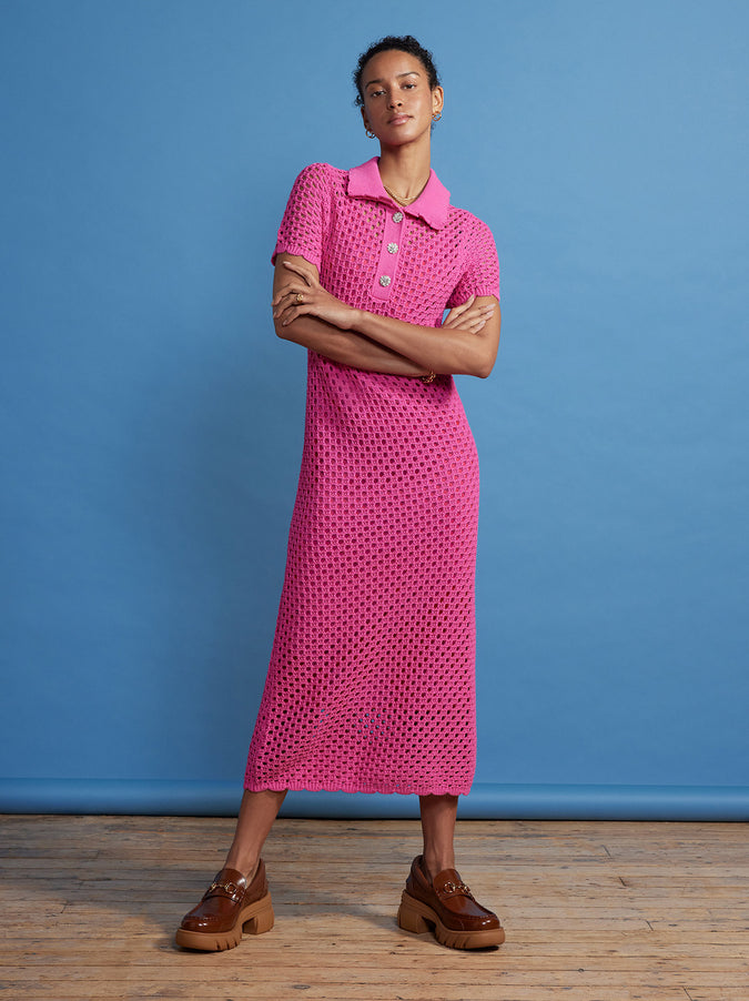 Lillia Pink Crochet Polo Dress by KITRI Studio