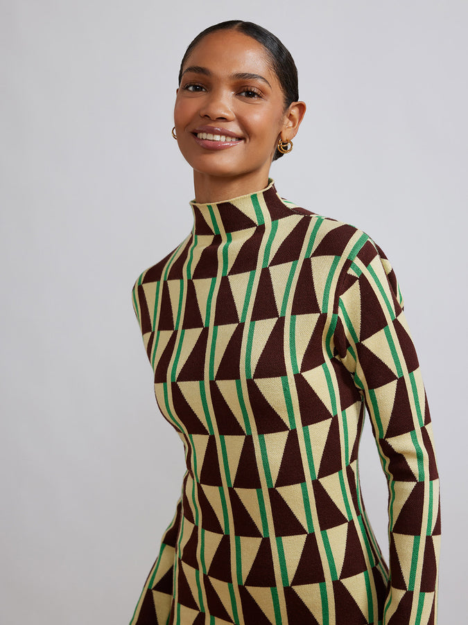 Logan Chocolate Tile Print Knit Mini Dress by KITRI Studio