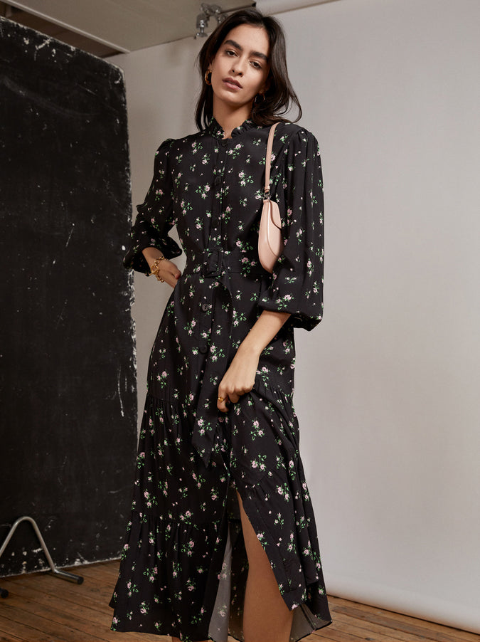 Lori Black Ditzy Rose Shirt Dress by KITRI Studio