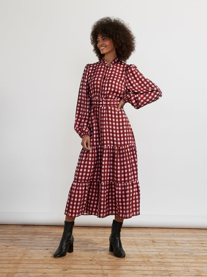Lori Pink Checked Midi Dress by KITRI Studio