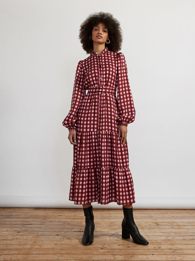 Lori Pink Checked Midi Dress by KITRI Studio